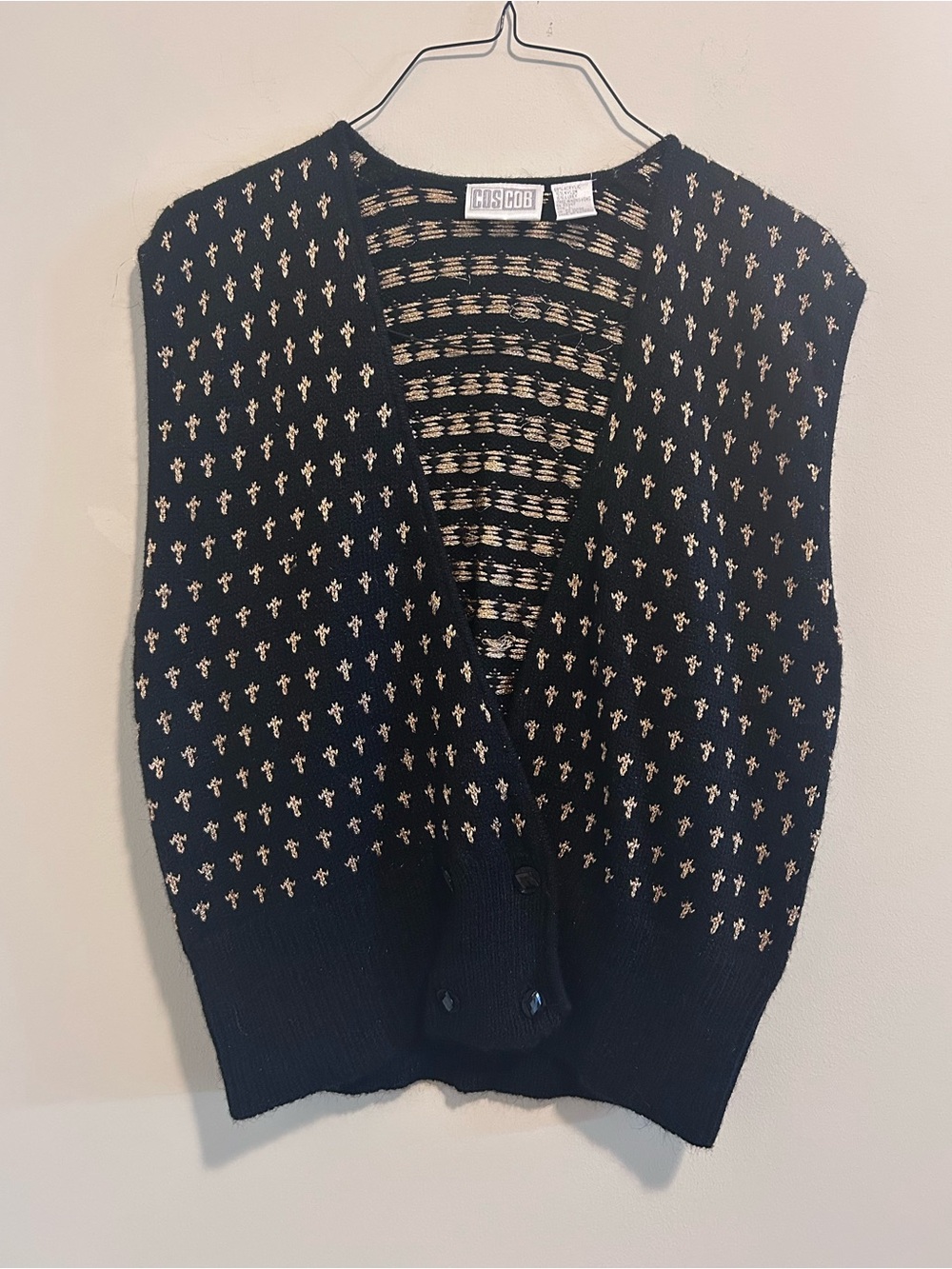 Vintage Black and Gold Patterned Knit Button Vest